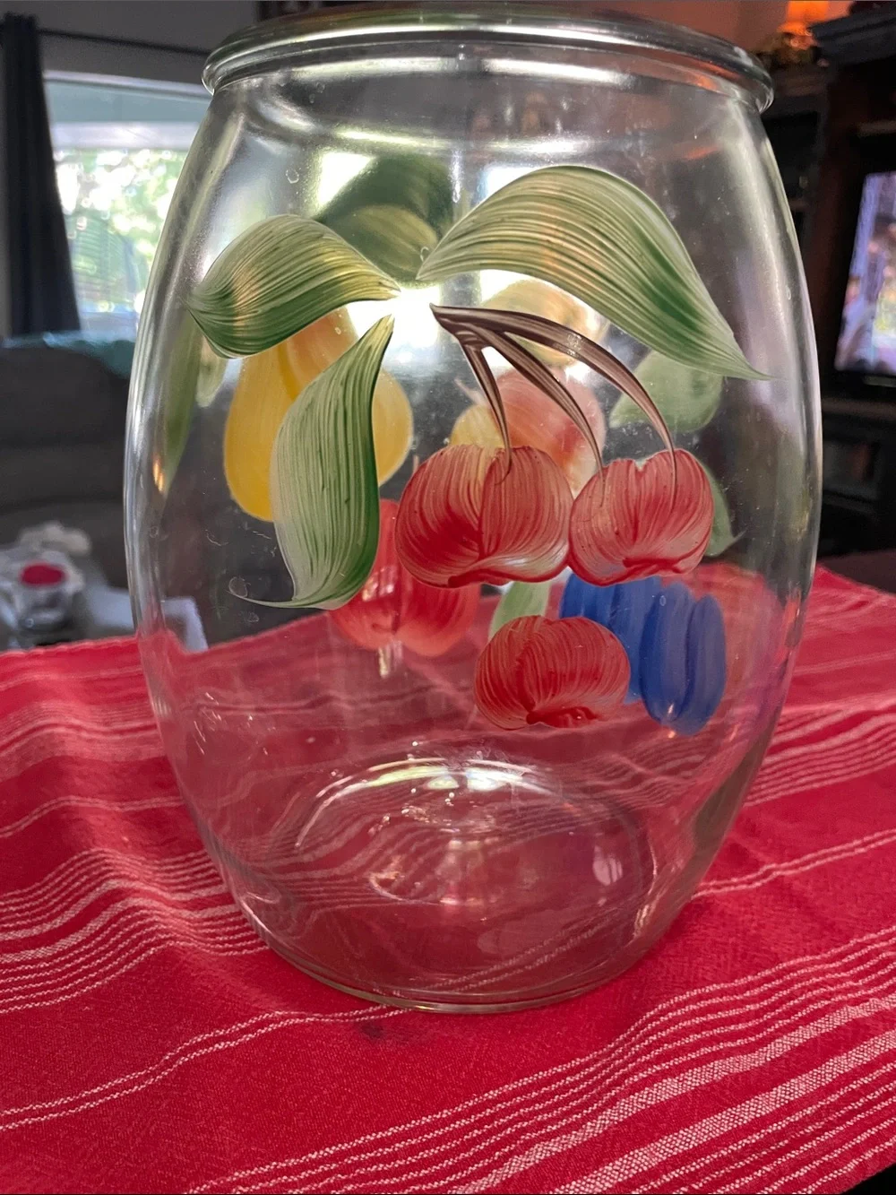 Bartlett Collin’s Hand-Painted Glass Canister W/Lid with Fruit Motif -